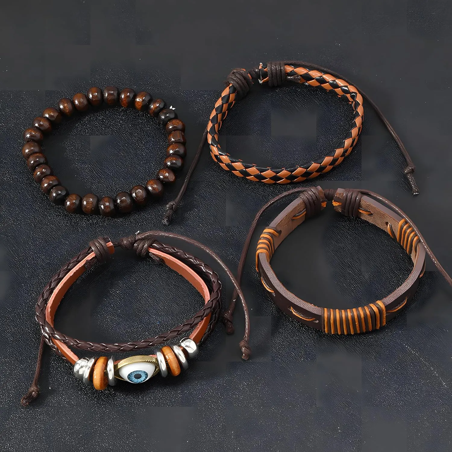 Multi-Layer Leather Bracelets, Mens Braided Vintage Religious Retro Patterns Evil Eye Beads Tree of Life Boho Charms Women Cuff Bracelet Anniversary Birthday Christmas Jewelry Gifts Pcs of 4
