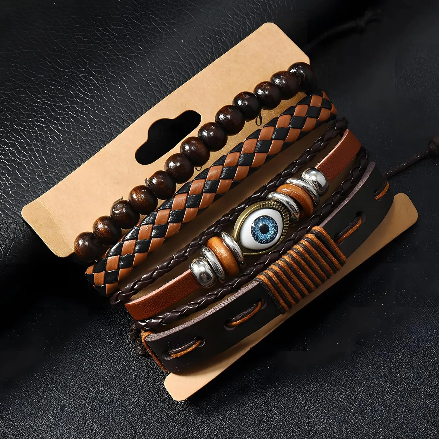 Multi-Layer Leather Bracelets, Mens Braided Vintage Religious Retro Patterns Evil Eye Beads Tree of Life Boho Charms Women Cuff Bracelet Anniversary Birthday Christmas Jewelry Gifts Pcs of 4