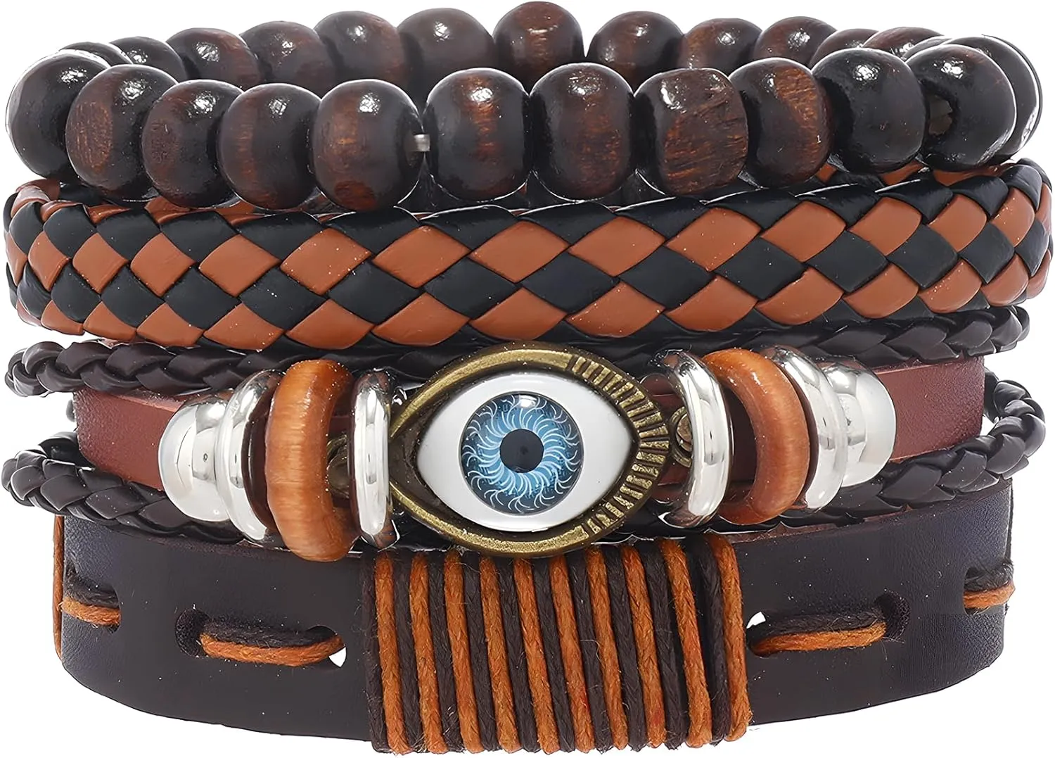 Multi-Layer Leather Bracelets, Mens Braided Vintage Religious Retro Patterns Evil Eye Beads Tree of Life Boho Charms Women Cuff Bracelet Anniversary Birthday Christmas Jewelry Gifts Pcs of 4