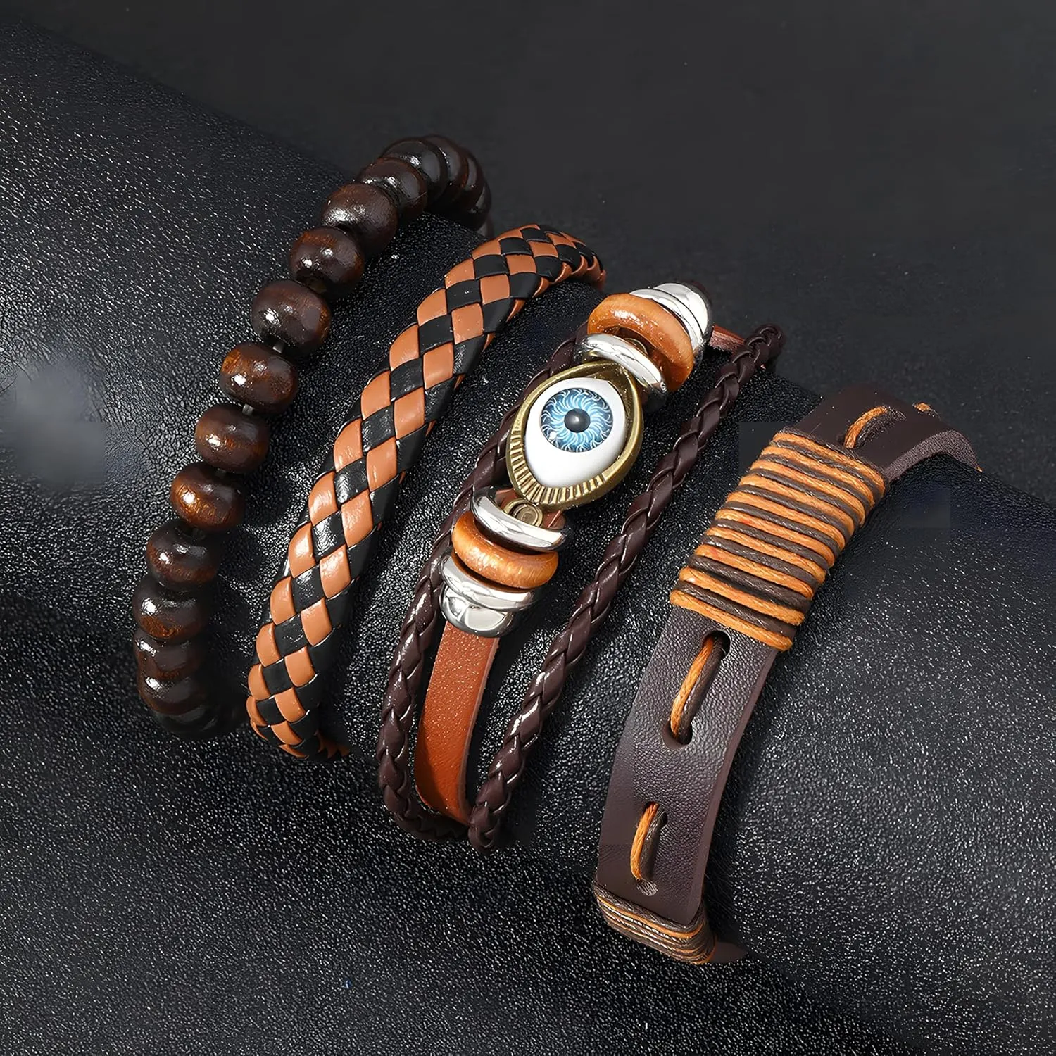 Multi-Layer Leather Bracelets, Mens Braided Vintage Religious Retro Patterns Evil Eye Beads Tree of Life Boho Charms Women Cuff Bracelet Anniversary Birthday Christmas Jewelry Gifts Pcs of 4