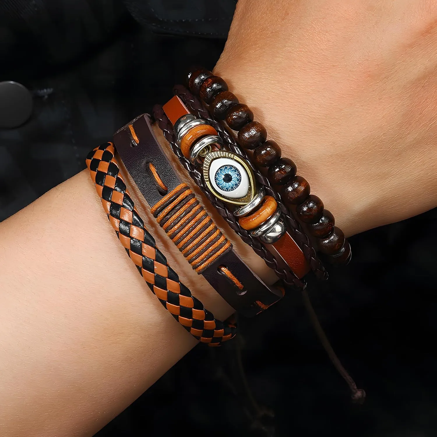 Multi-Layer Leather Bracelets, Mens Braided Vintage Religious Retro Patterns Evil Eye Beads Tree of Life Boho Charms Women Cuff Bracelet Anniversary Birthday Christmas Jewelry Gifts Pcs of 4