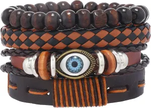 Multi-Layer Leather Bracelets, Mens Braided Vintage Religious Retro Patterns Evil Eye Beads Tree of Life Boho Charms Women Cuff Bracelet Anniversary Birthday Christmas Jewelry Gifts Pcs of 4