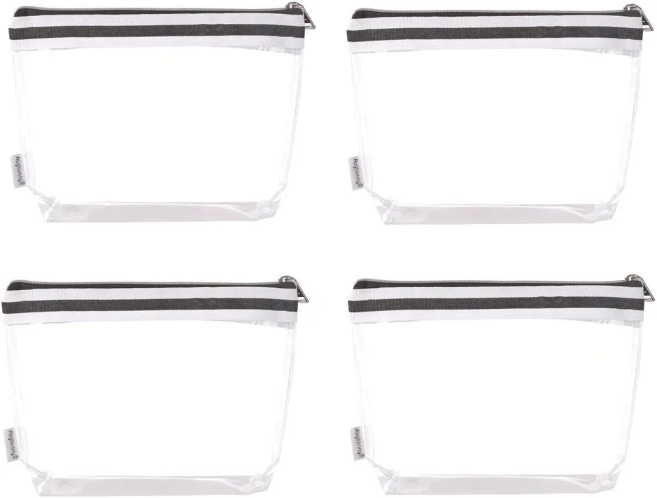 Multi-purpose Waterproof Clear Vinyl Zippered Toiletry Cosmetics Makeup Pouch With French Tape 4-pack