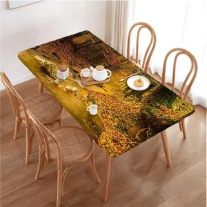 Multicolor Elastic Edge Fitted Table Cloth, Flowing Stream on Colorful Autumn Forest Rectangle Table Cover for Outdoor Picnic Camping Parties Farm House Fits up 4 Foot Tables