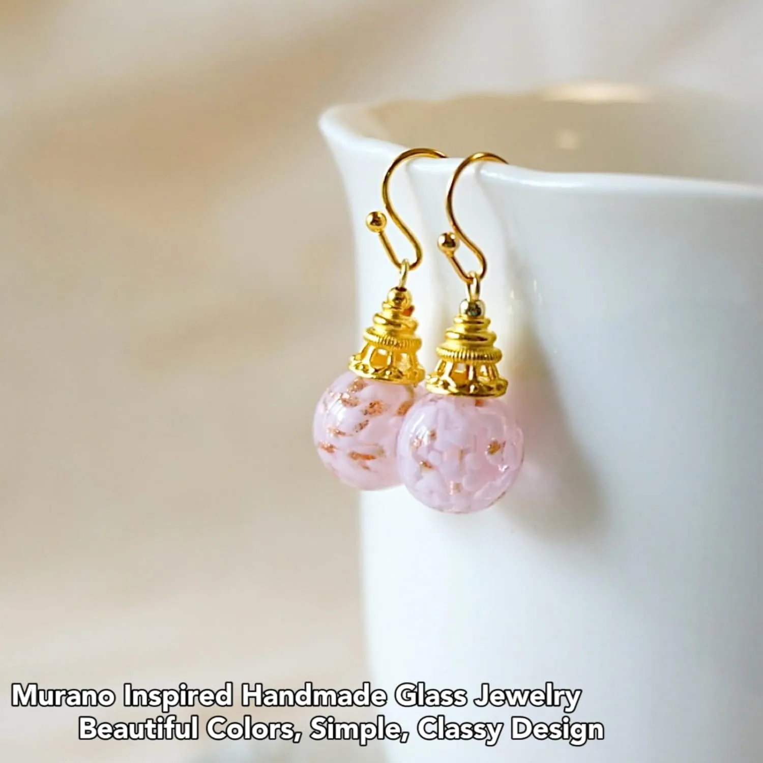 Multicolored Murano Style Glass Earrings with 18k Gold Sparkles, Colorful Glass Bead Drop Dangle Earrings for Women (Soft Pink)