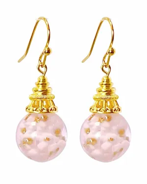 Multicolored Murano Style Glass Earrings with 18k Gold Sparkles, Colorful Glass Bead Drop Dangle Earrings for Women (Soft Pink)