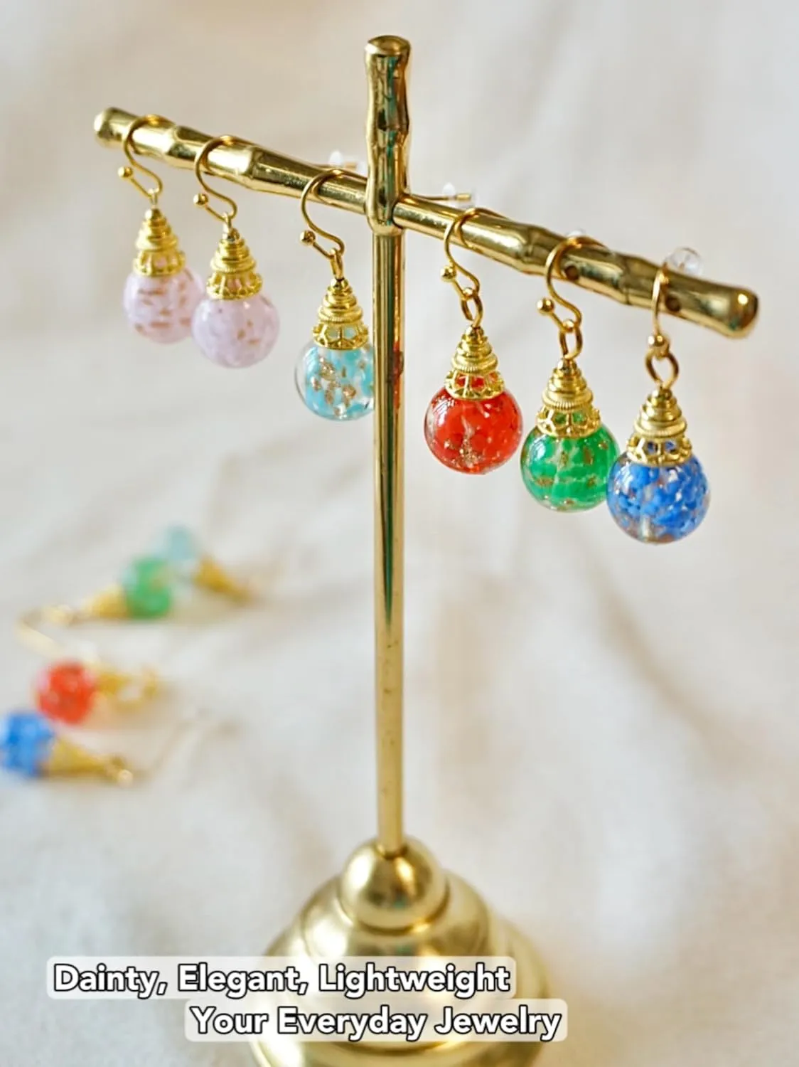 Multicolored Murano Style Glass Earrings with 18k Gold Sparkles, Colorful Glass Bead Drop Dangle Earrings for Women (Soft Pink)
