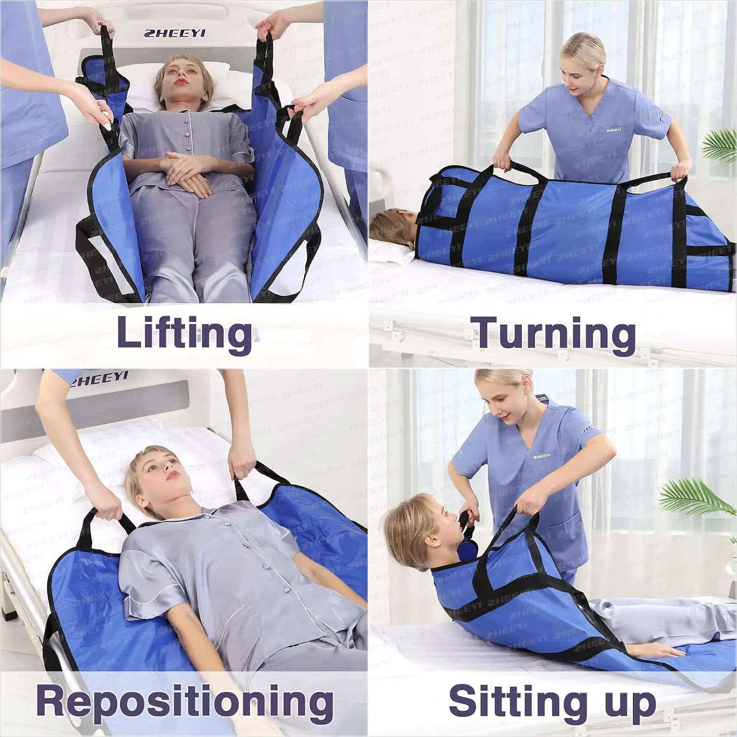 Multipurpose 48" x 40" Positioning Bed Pad with Reinforced Handles - Reusable & Washable Transfer Sheet for Turning, Lifting & Repositioning - Double-Sided Nylon Fabric, Blue