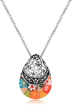Murano Style Millefiori Glass Necklace for Women Vintage Daisy Flower Stainless Steel Colorful Flower Pendant Necklace Unique Mothers Day Gifts for Women