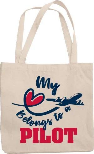 My Heart Belongs To A Pilot Cute Reusable Tote Bag For A Pilot's Wife, Flight Attendant, Aircrew, Captain, Aviator, Aviation Employee, Aircraft Pilot, Copilot, Stewardess, Men, And Women