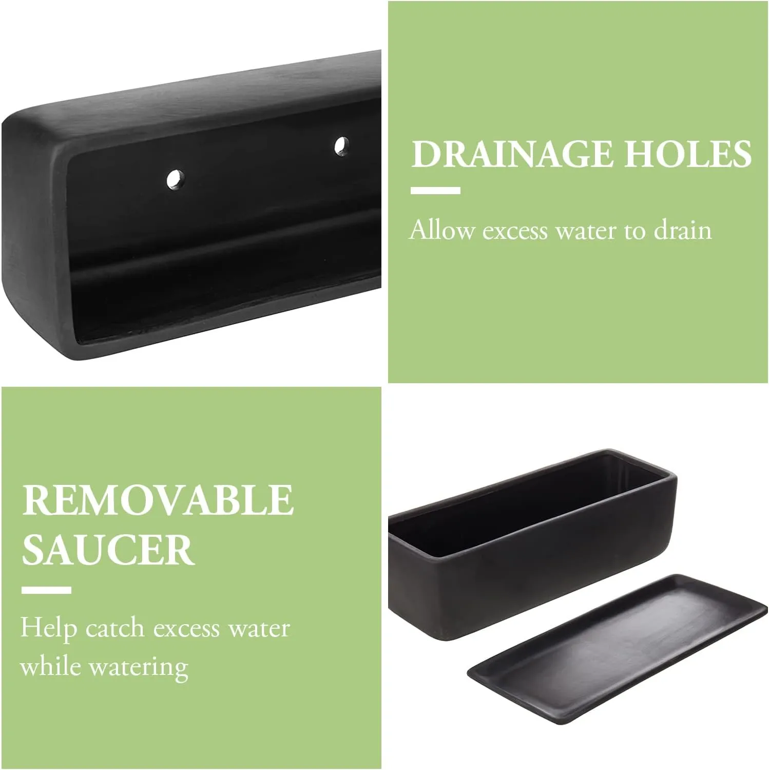 MyGift 14 Inch Ceramic Indoor Plant Pot, Rectangular Succulent Planter, Decorative Flower Planter with Drainage Hole and Removable Tray, Matte Black