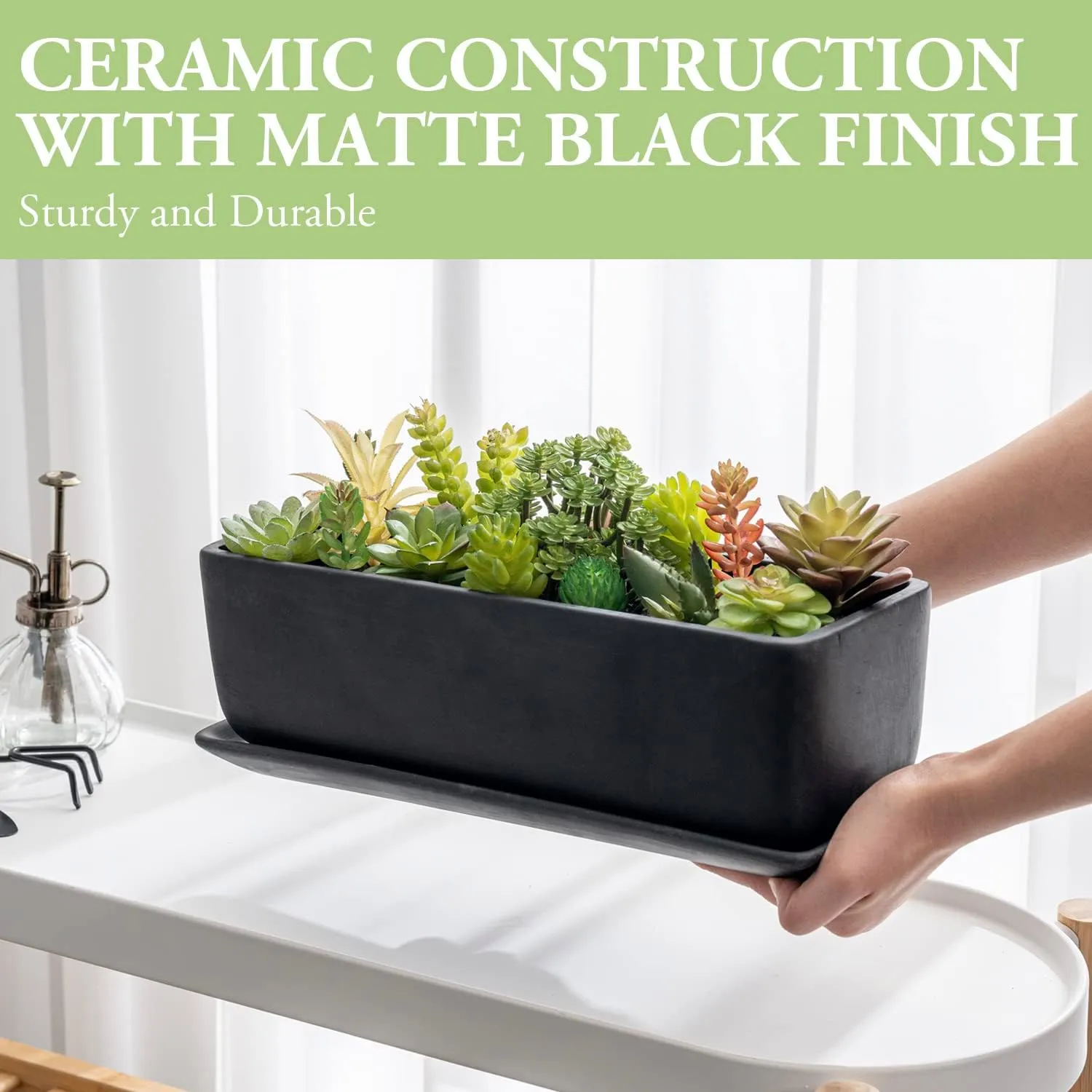 MyGift 14 Inch Ceramic Indoor Plant Pot, Rectangular Succulent Planter, Decorative Flower Planter with Drainage Hole and Removable Tray, Matte Black