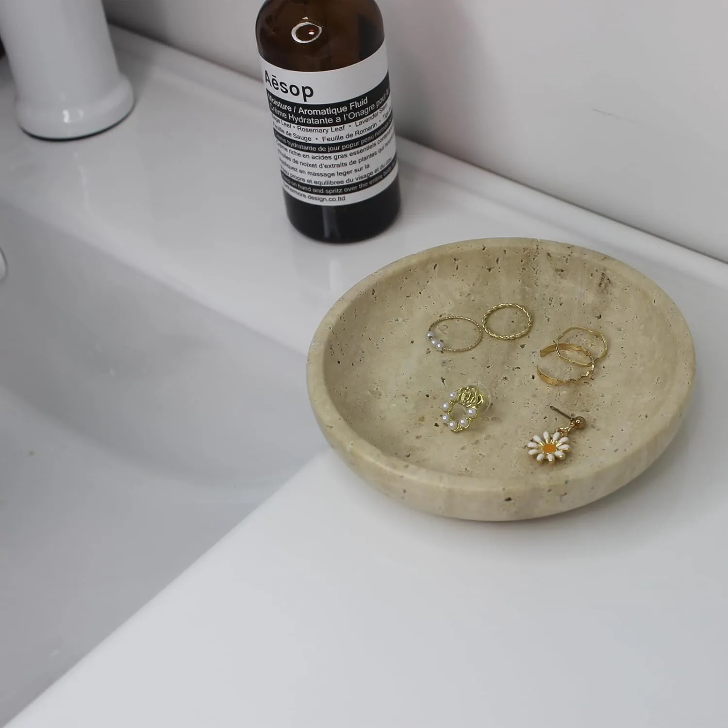 Natural Marble Travertine Jewelry Dish 5.5", Trinket Dish for Ring Earring, Gift for Woman Daugther (Beige Travertine)