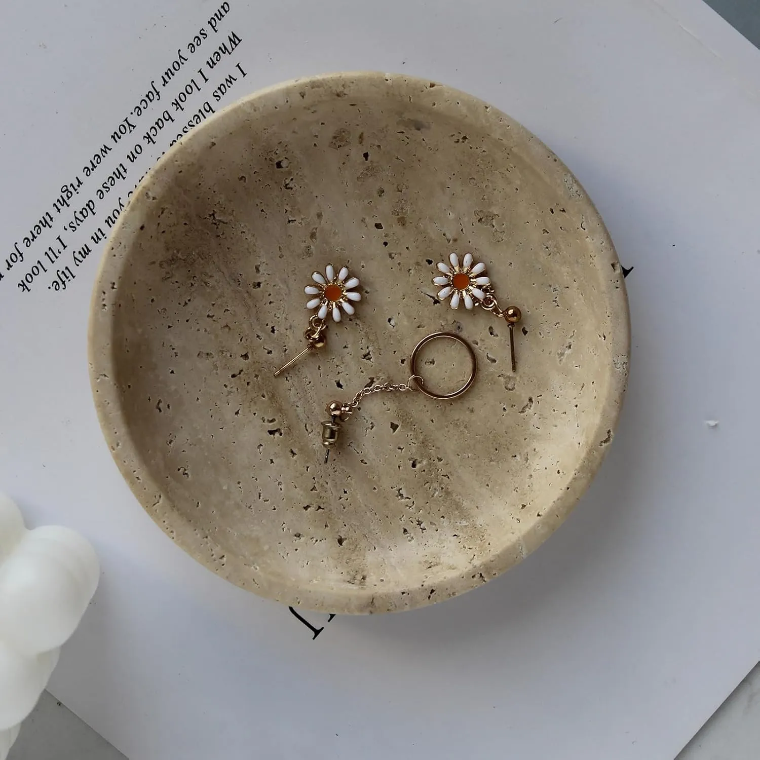 Natural Marble Travertine Jewelry Dish 5.5", Trinket Dish for Ring Earring, Gift for Woman Daugther (Beige Travertine)