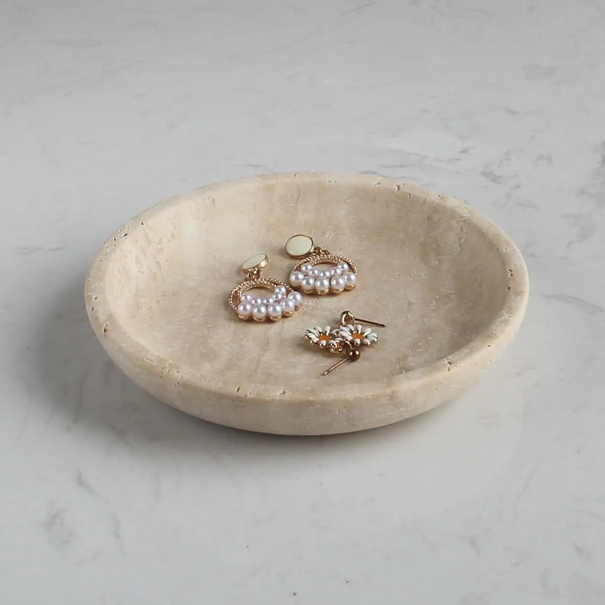 Natural Marble Travertine Jewelry Dish 5.5", Trinket Dish for Ring Earring, Gift for Woman Daugther (Beige Travertine)
