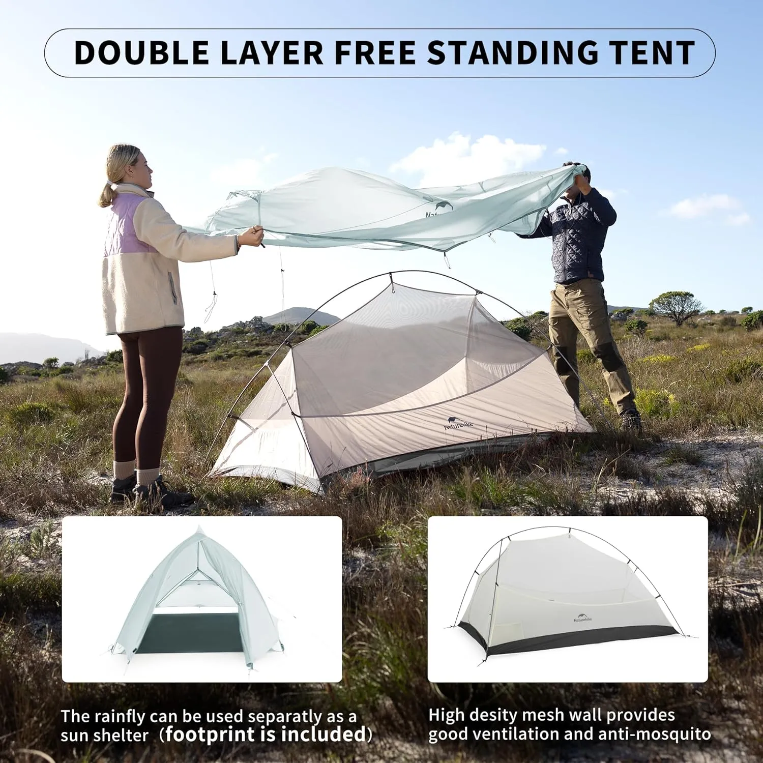 Naturehike Cloud-Up 2 Person Tent Lightweight Backpacking Tent with Footprint - Free Standing Ultralight Camping Hiking Backpack Tents Two Person Tent