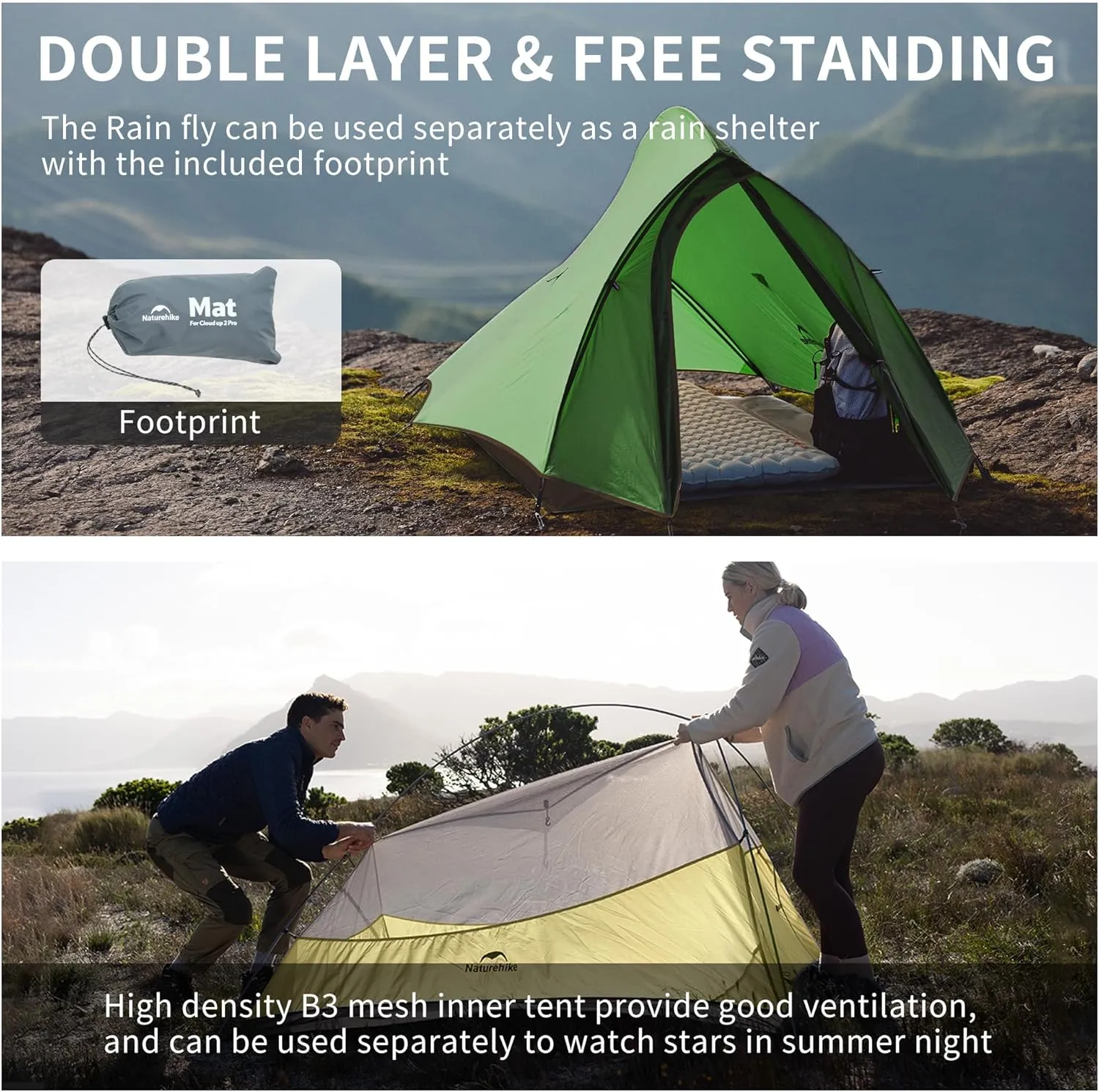 Naturehike Cloud-Up 2 Person Tent Lightweight Backpacking Tent with Footprint - Free Standing Ultralight Camping Hiking Backpack Tents Two Person Tent