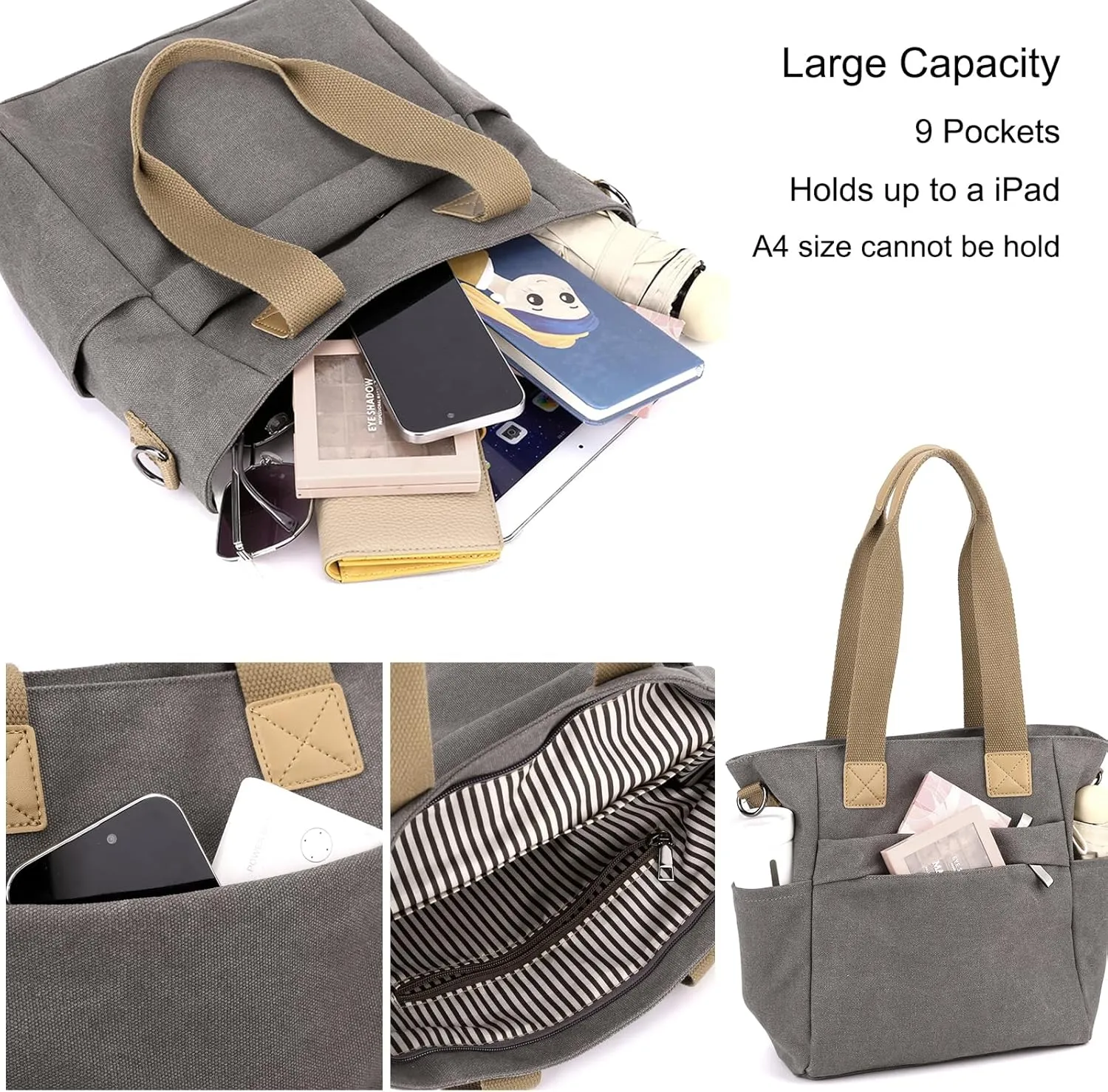 natyrlpog Canvas Tote Bag for Women Small Handbag with Zipper Shoulder Bag for Shopping Travel Work