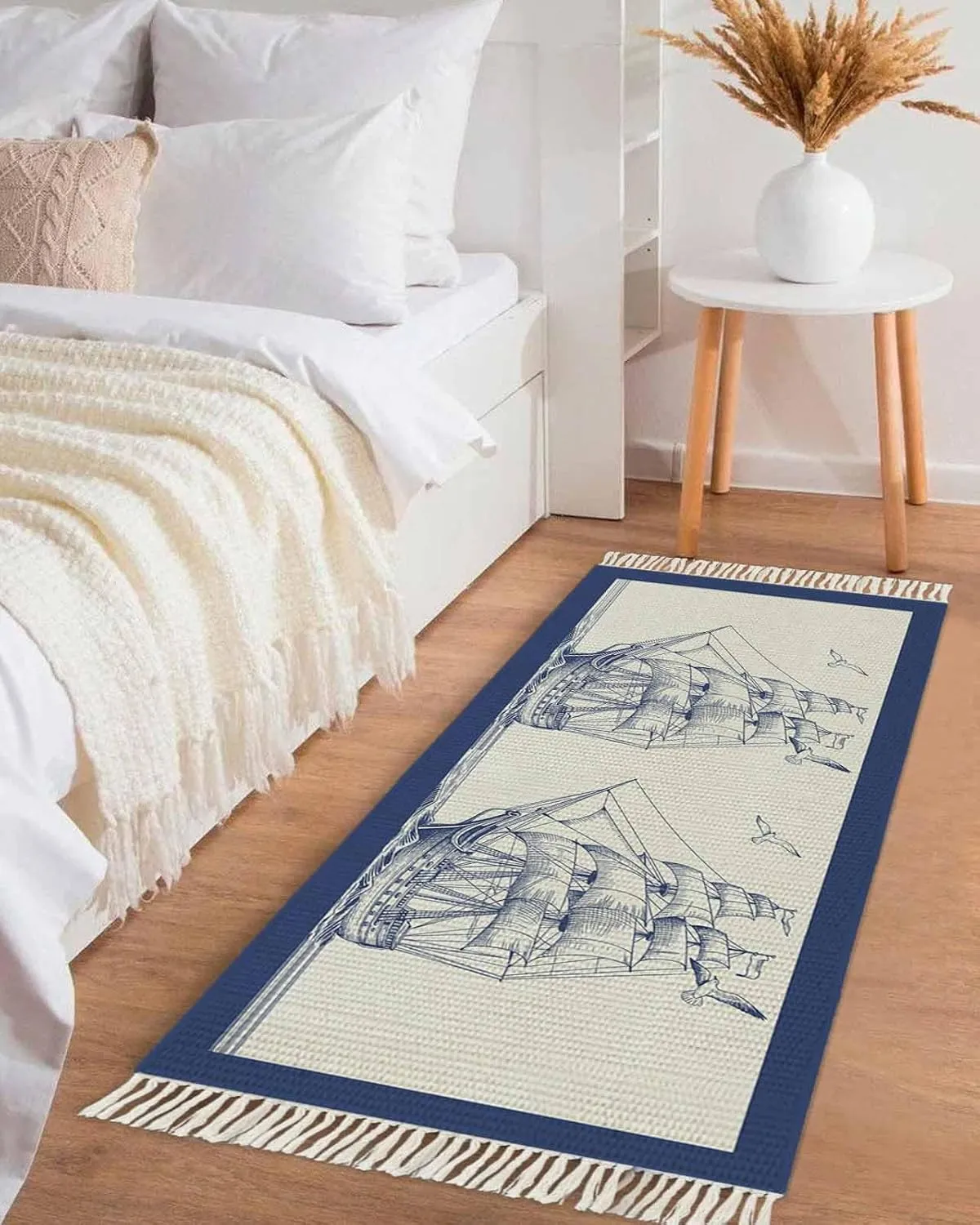 Nautical Ship Runner Rug 2X4 Ft Entryway Outdoor Indoor Mat, Washable Woven Throw Carpet with Tassel, Blue Coastal Ocean Birds Boat Vintage Non-Shedding Hallway Bath Mats