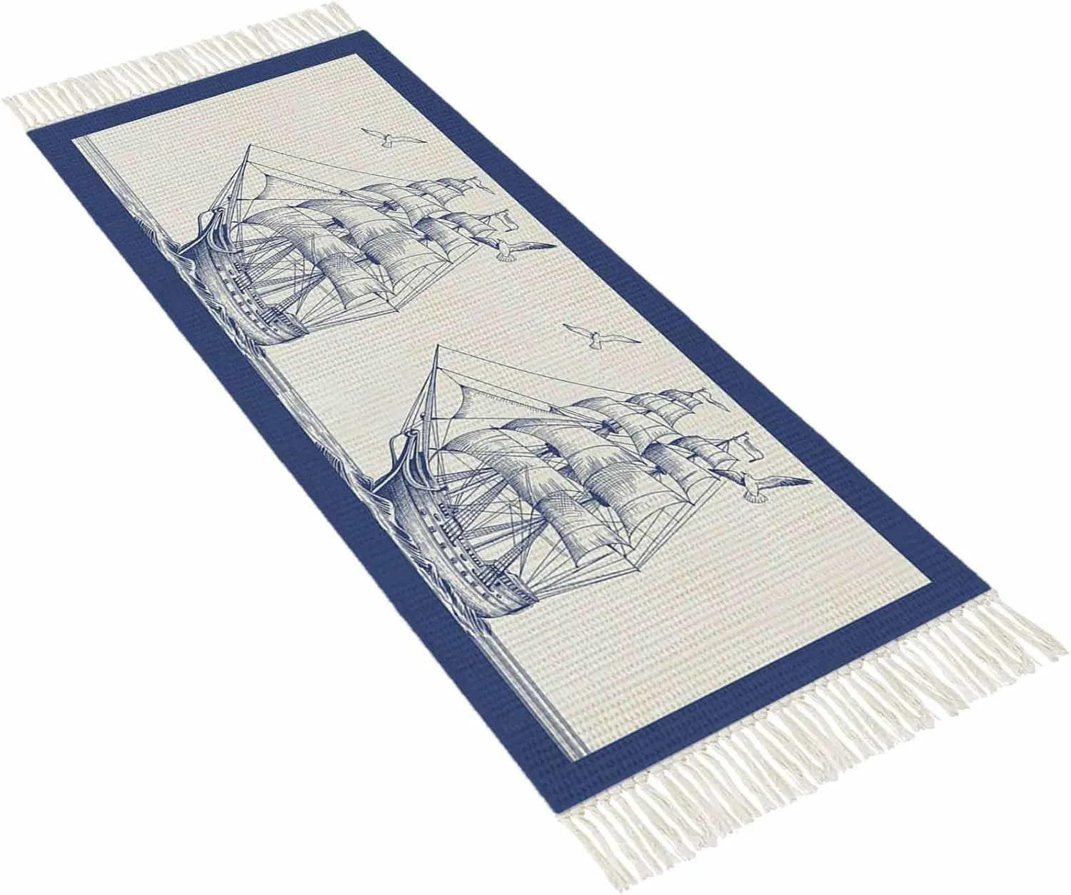 Nautical Ship Runner Rug 2X4 Ft Entryway Outdoor Indoor Mat, Washable Woven Throw Carpet with Tassel, Blue Coastal Ocean Birds Boat Vintage Non-Shedding Hallway Bath Mats
