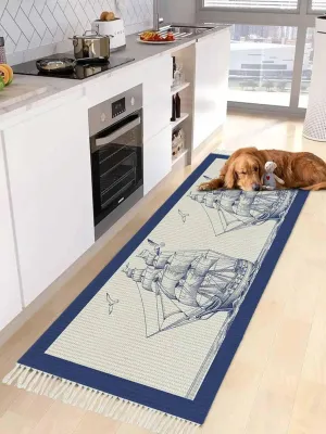 Nautical Ship Runner Rug 2X4 Ft Entryway Outdoor Indoor Mat, Washable Woven Throw Carpet with Tassel, Blue Coastal Ocean Birds Boat Vintage Non-Shedding Hallway Bath Mats
