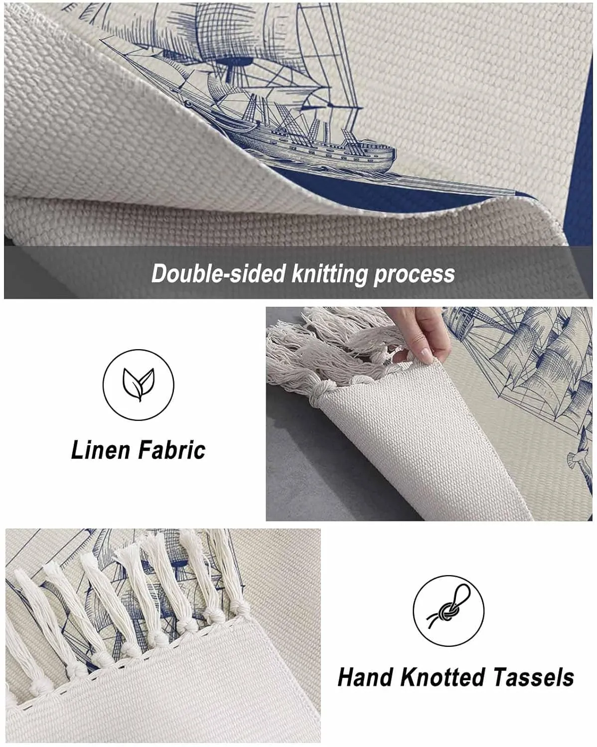 Nautical Ship Runner Rug 2X4 Ft Entryway Outdoor Indoor Mat, Washable Woven Throw Carpet with Tassel, Blue Coastal Ocean Birds Boat Vintage Non-Shedding Hallway Bath Mats