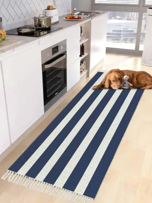 Navy Blue White Kitchen Hallway Runner Rug 2X5 Ft Carpet, Washable Woven Throw Carpet with Tassel, Modern Simple Abstract Stripes Art Non-Shedding Entryway Laundry Rugs