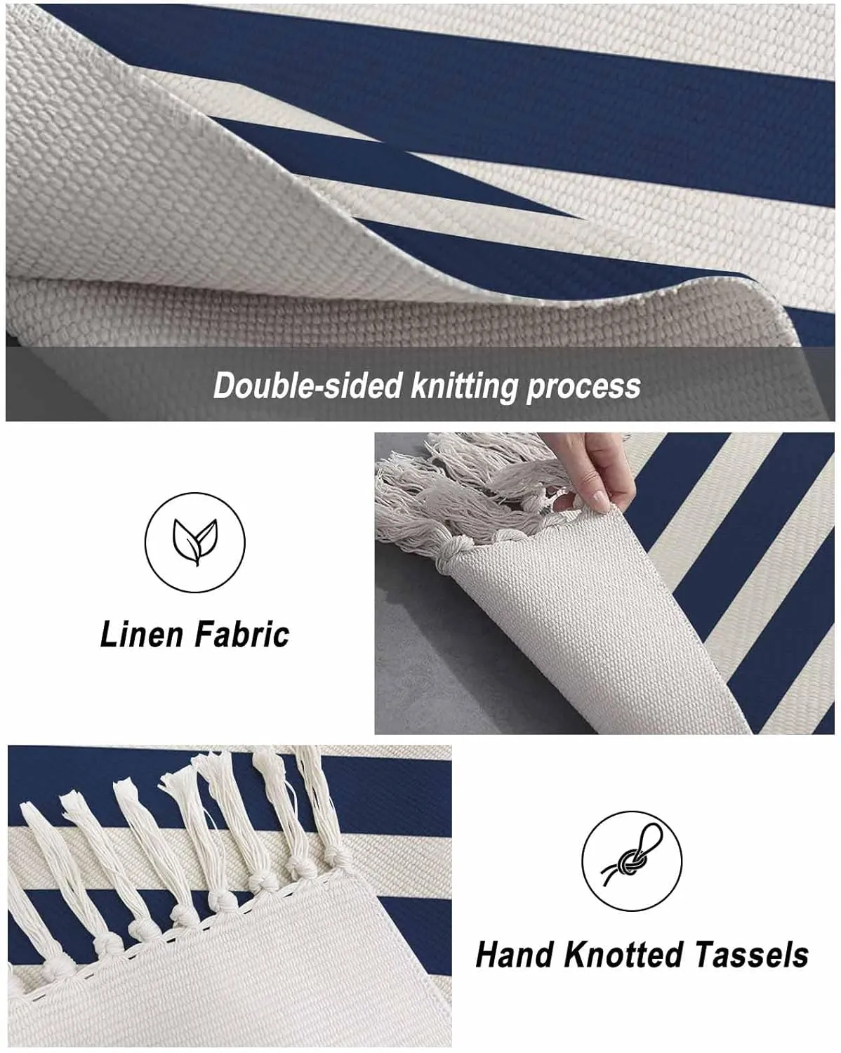 Navy Blue White Kitchen Hallway Runner Rug 2X5 Ft Carpet, Washable Woven Throw Carpet with Tassel, Modern Simple Abstract Stripes Art Non-Shedding Entryway Laundry Rugs