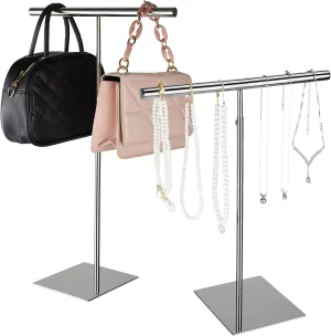 Necklace Holder Jewelry Organizer Stand Silver Polished Purse Display Stand 2Pcs Adjustable Height for Necklaces Bracelets Handbag Purse Scarf Tie(Silver)
