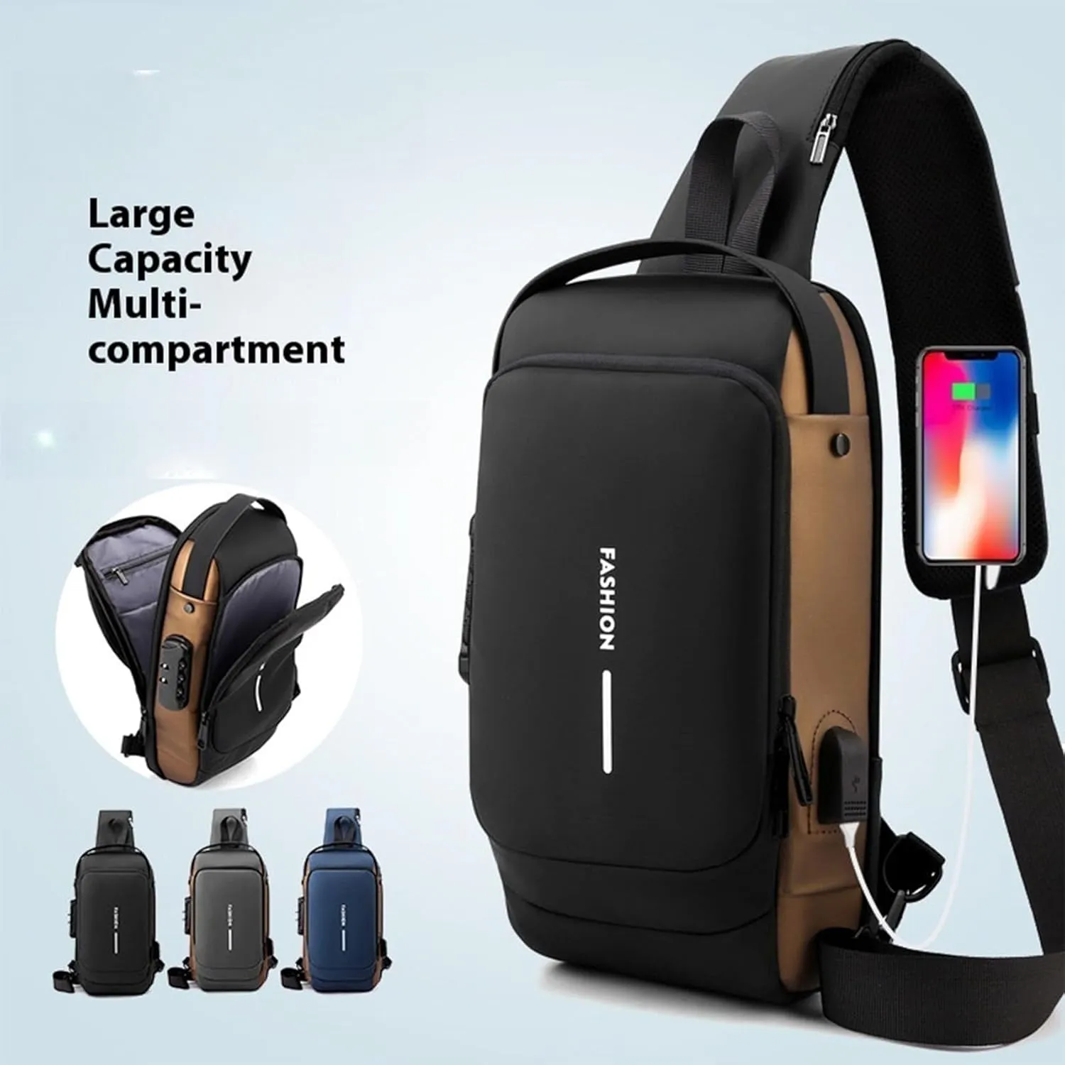 New Carbon Fiber Streamline Anti-Theft Sling Bag, USB Charging Sport Sling Sport Waterproof Anti Theft Shoulder Bag (Gray)