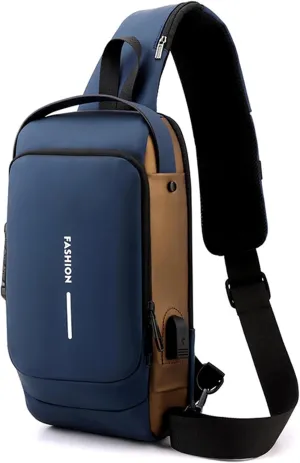 New Carbon Fiber Streamline Anti-Theft Sling Bag,USB charging port Sport Waterproof Shoulder Bag, for Travel Gym Sports (Blue)