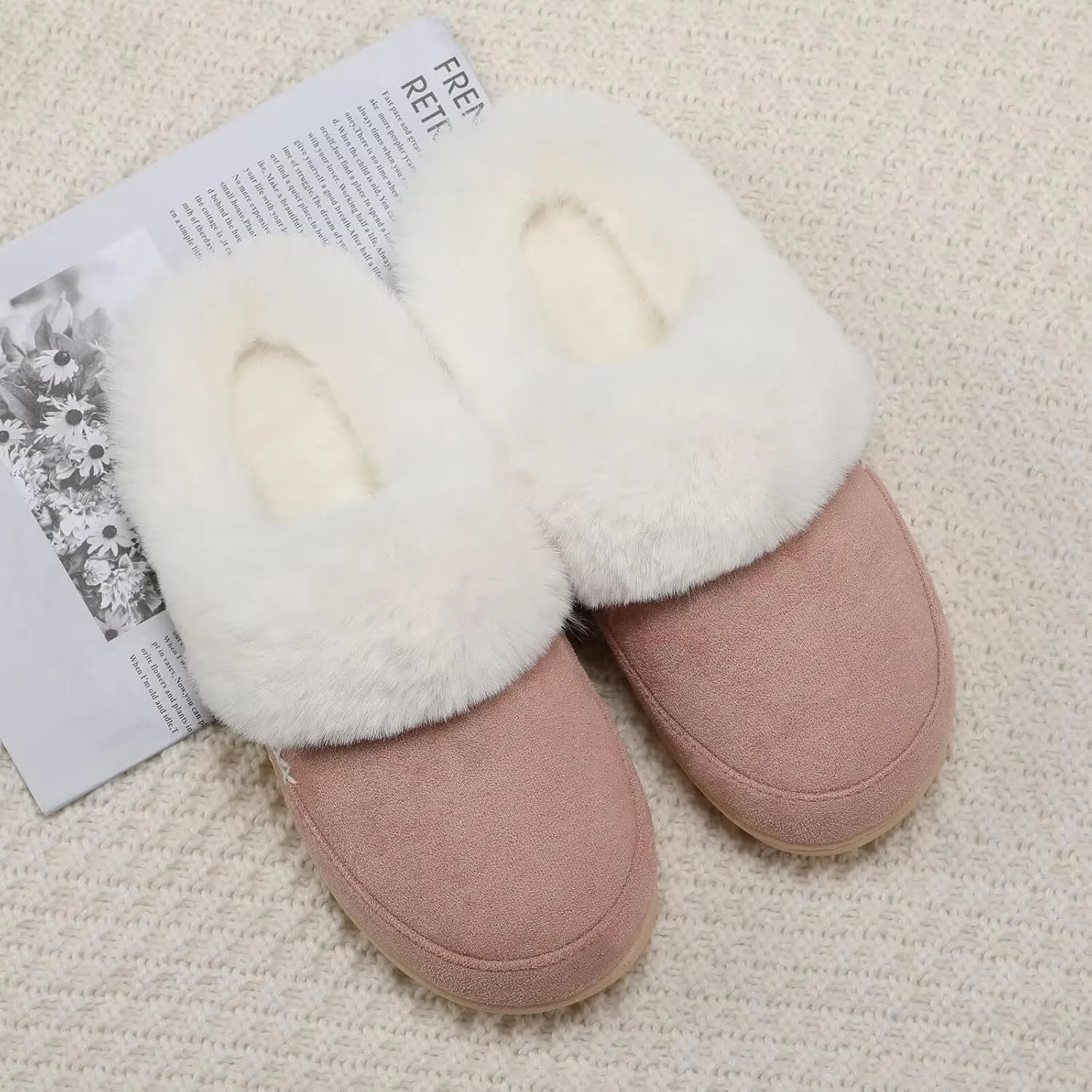 NineCiFun Women's and Men's Suede House Slippers Slip on Fuzzy Slippers with Faux Fur Lining Indoor Outdoor Home Shoes with Rubber Sole