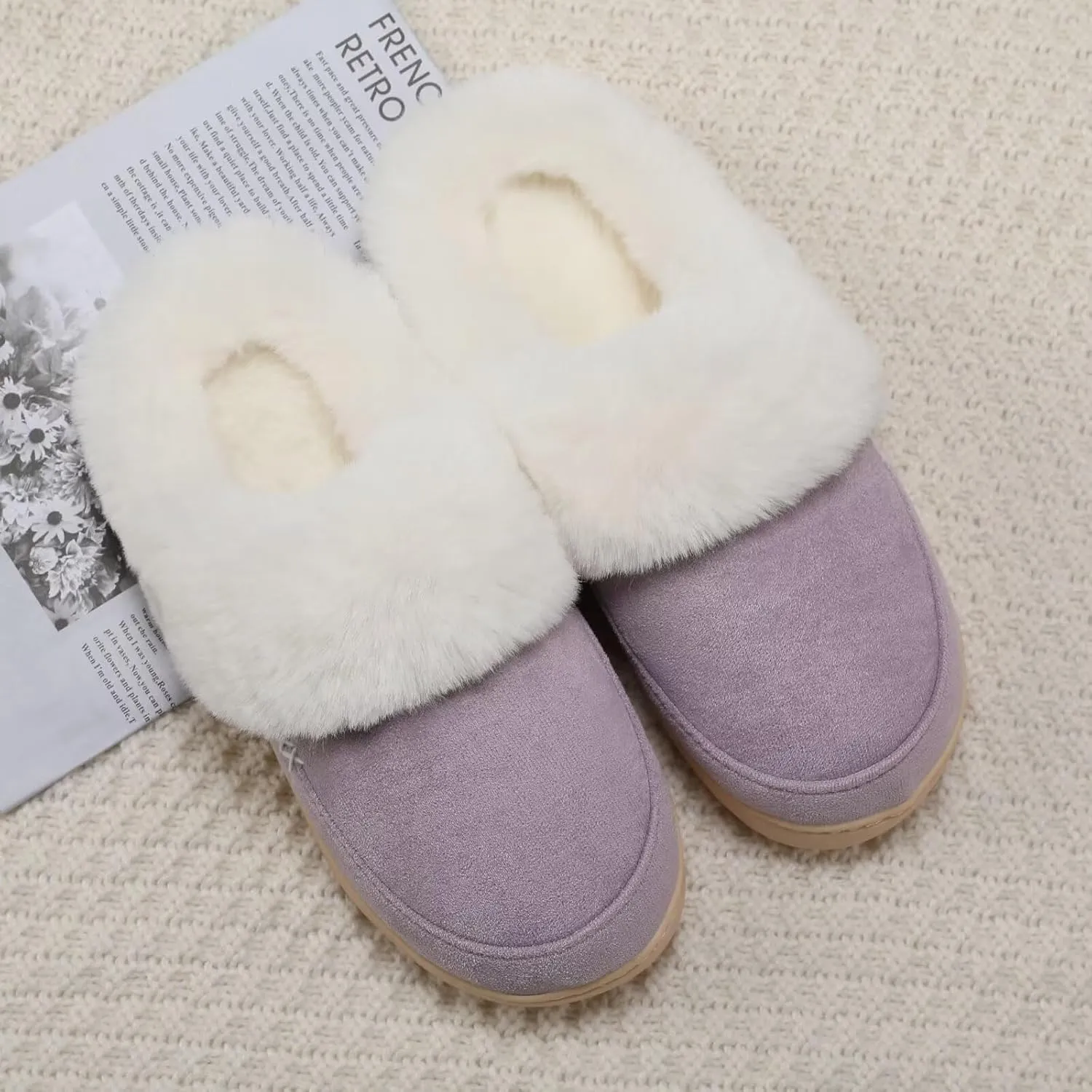 NineCiFun Women's and Men's Suede House Slippers Slip on Fuzzy Slippers with Faux Fur Lining Indoor Outdoor Home Shoes with Rubber Sole