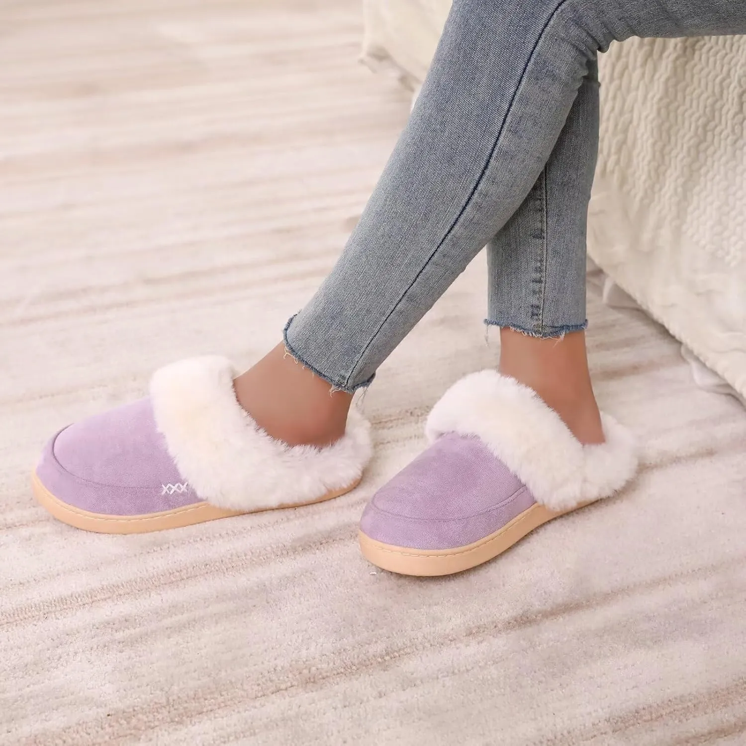 NineCiFun Women's and Men's Suede House Slippers Slip on Fuzzy Slippers with Faux Fur Lining Indoor Outdoor Home Shoes with Rubber Sole