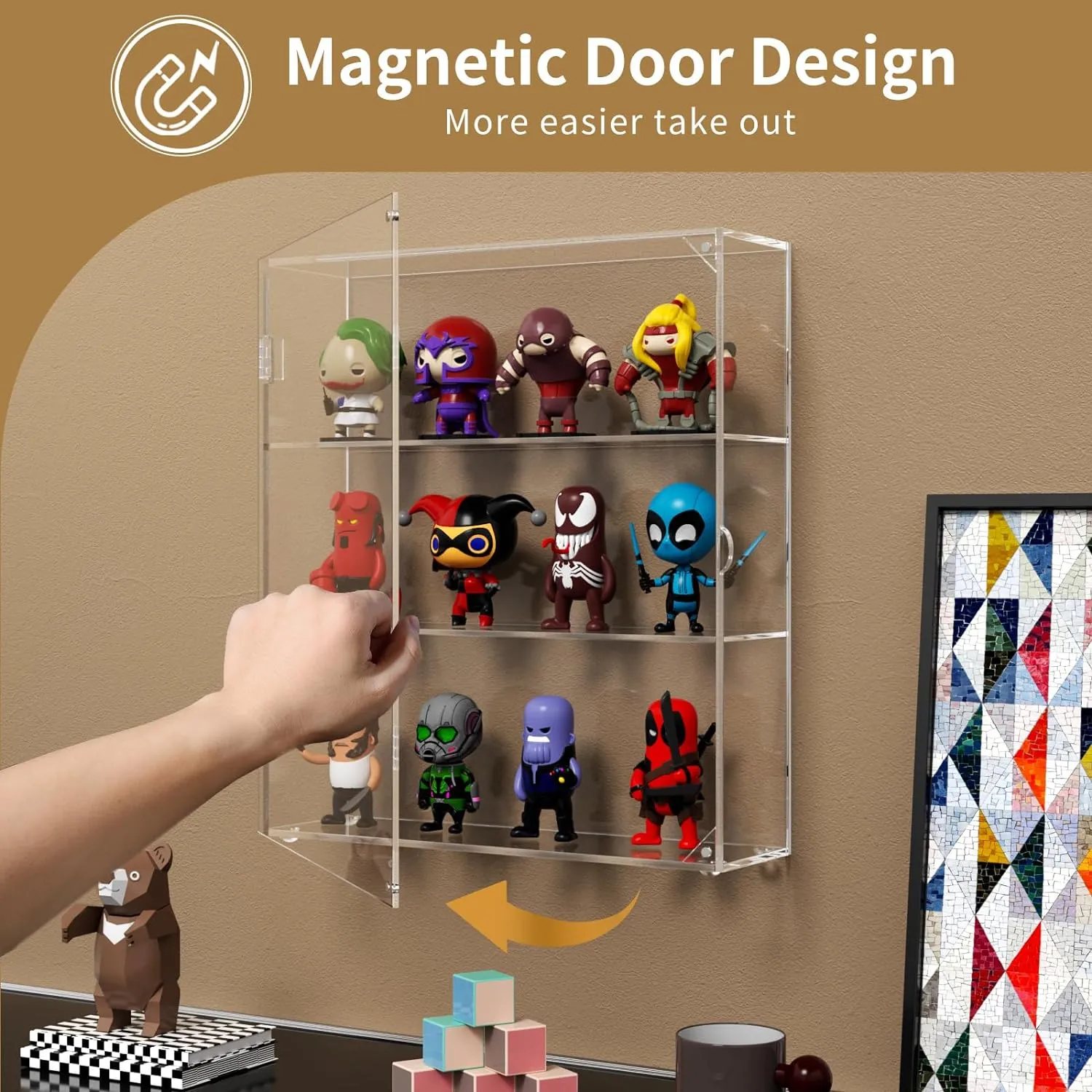 NIUBEE Acrylic Display Case, Clear Display Case for Funko Pop Figures, Wall Mounted or Desktop Dustproof Display Cabinet Box for Collectibles ,Rock,Crystals,Mini Toys,Amiibo (3 Tiers)