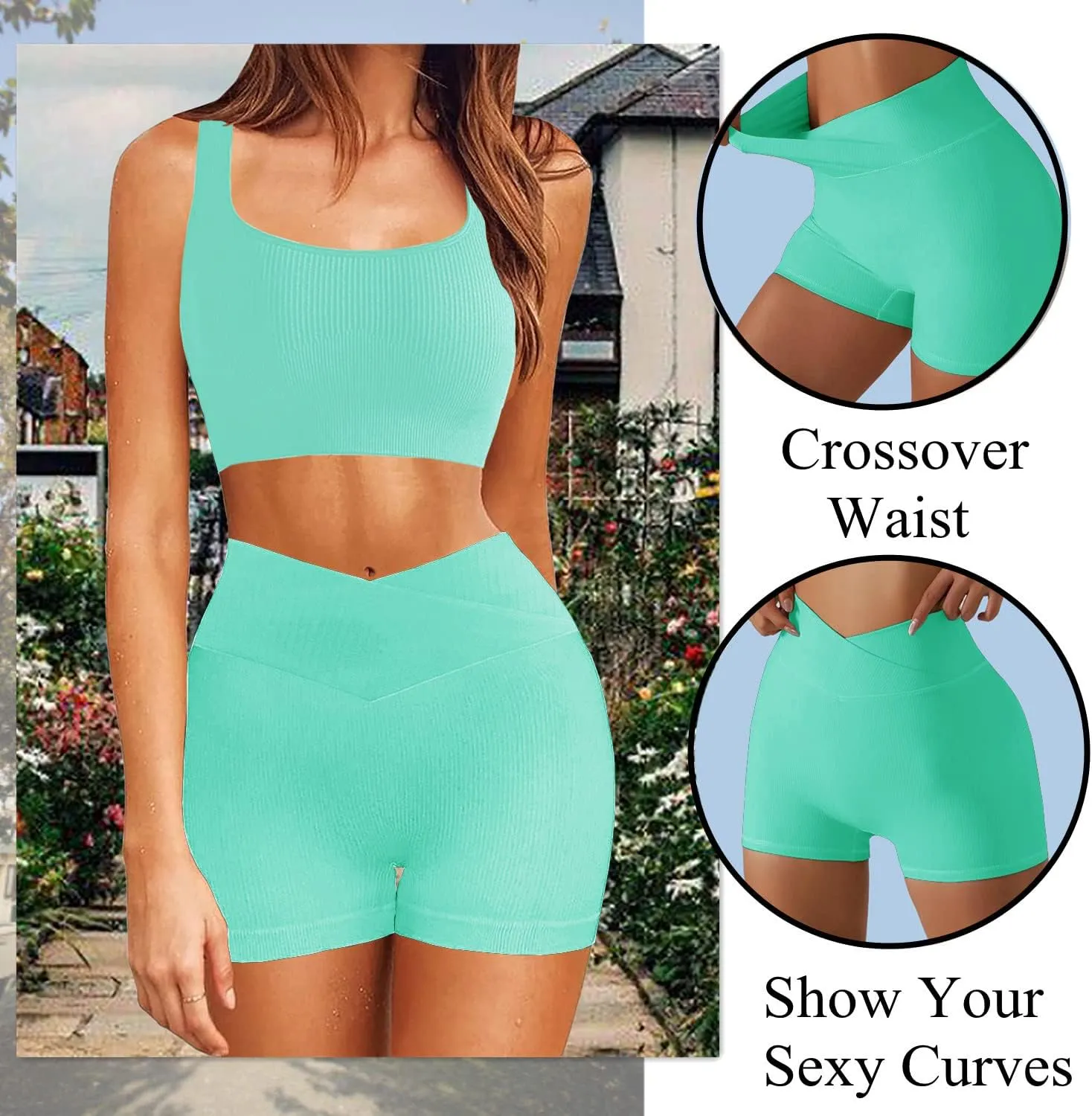 niyokki Workout Sets for Women Two Piece Sexy Summer Sports Bra and Crossover Shorts Matching Workout Set