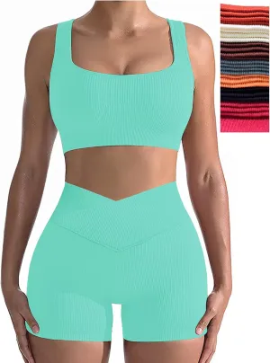 niyokki Workout Sets for Women Two Piece Sexy Summer Sports Bra and Crossover Shorts Matching Workout Set