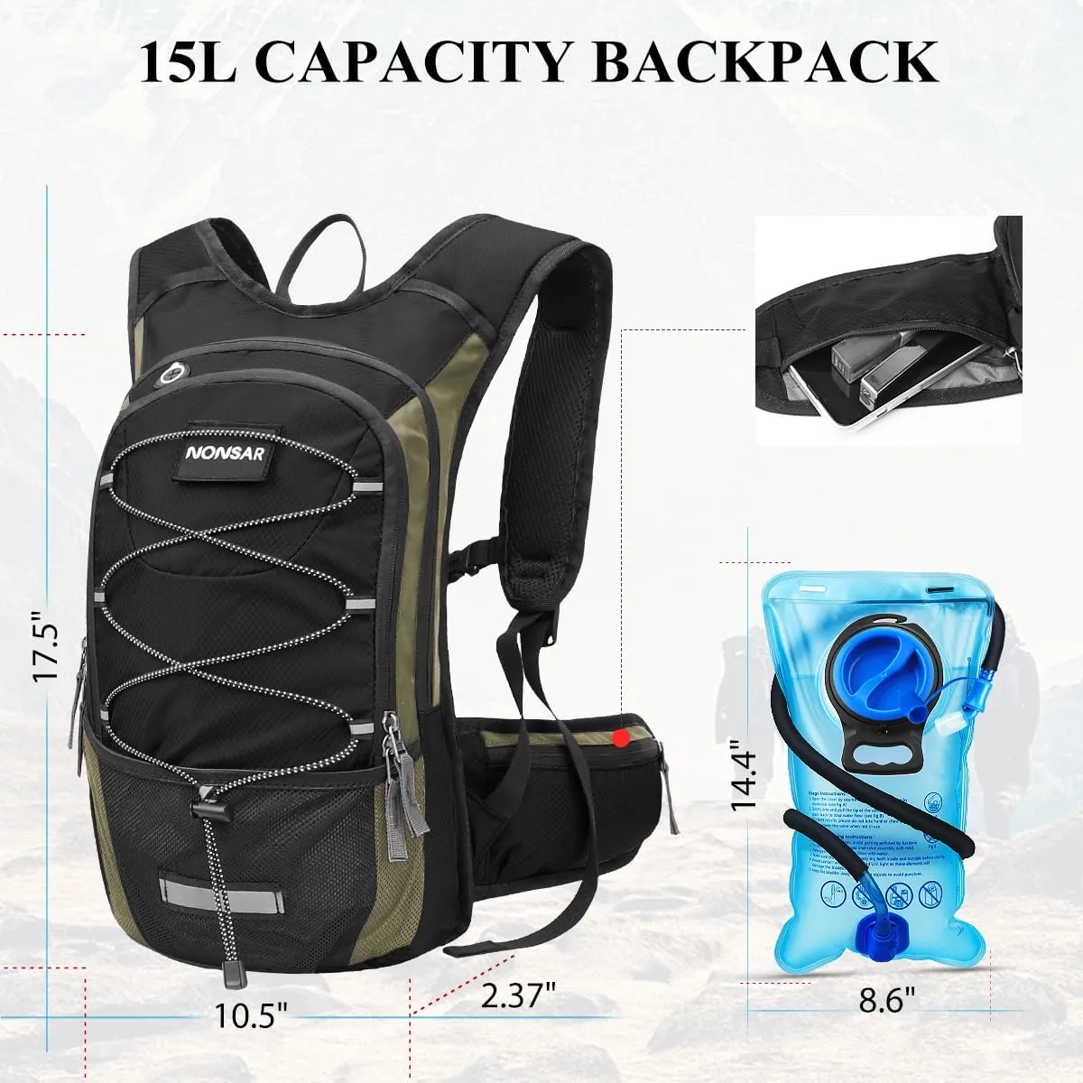 NONSAR Hydration Backpack, Hiking Backpack with 3L Water Bladder, Lightweight Insulation Hydration Pack, Water Backpack for Hiking, Cycling, Running, Festival, Camping for Men Women