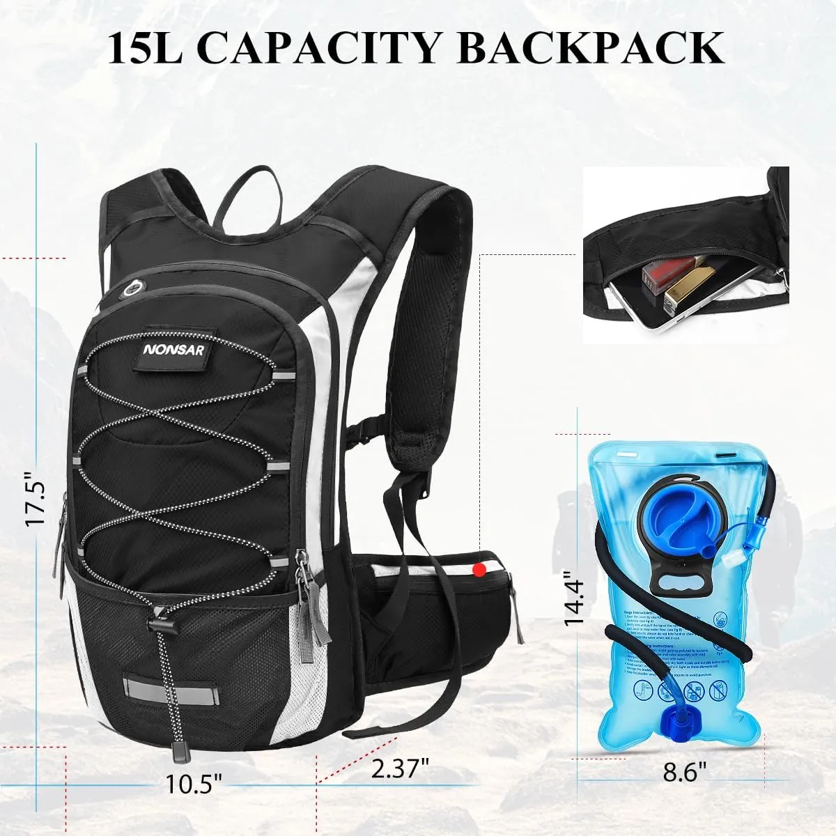 NONSAR Hydration Backpack, Hiking Backpack with 3L Water Bladder, Lightweight Insulation Hydration Pack, Water Backpack for Hiking, Cycling, Running, Festival, Camping for Men Women