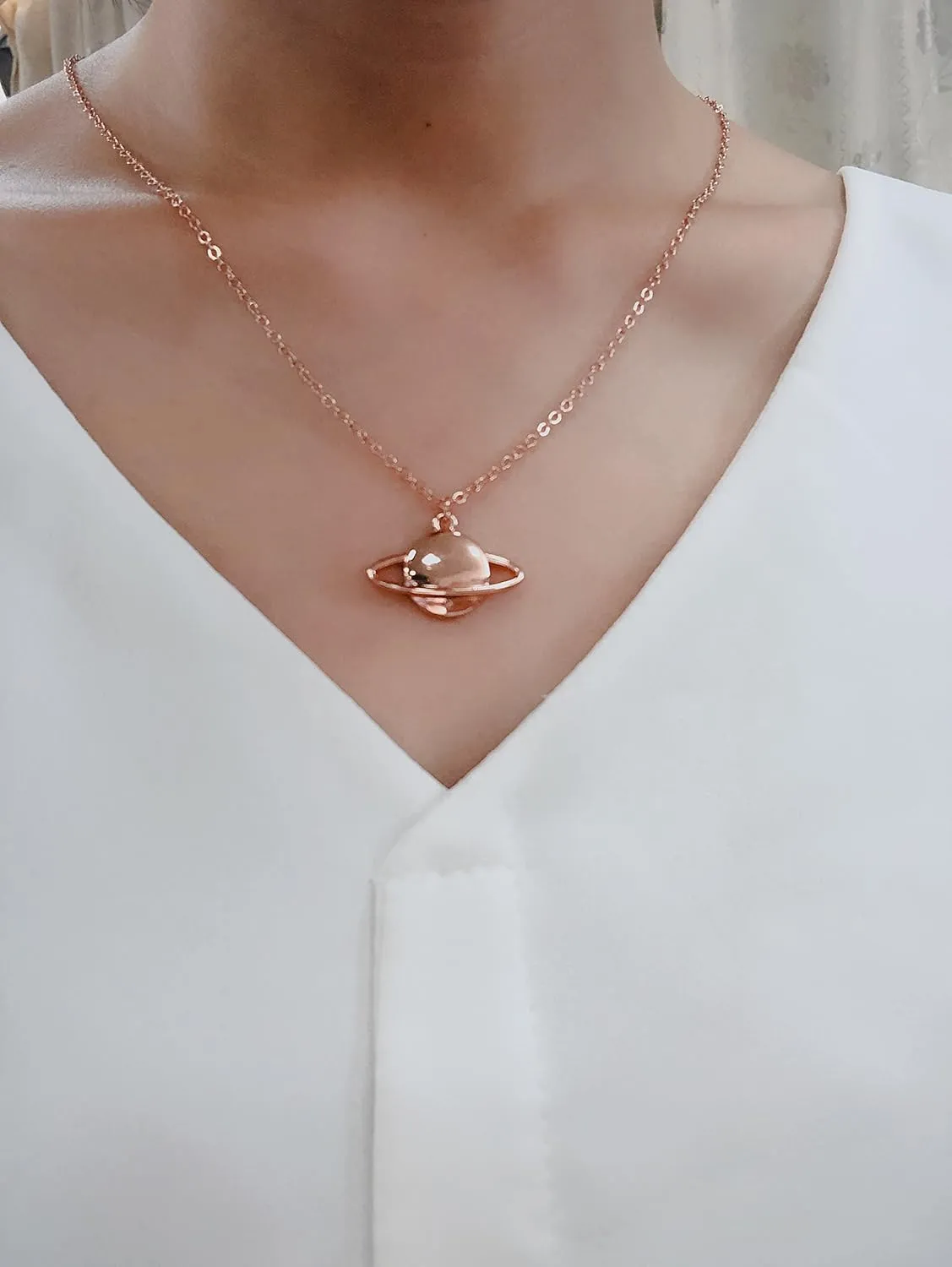 NOUMANDA Rose Gold Silver Plated Saturn Planet Necklace Stylish Collarbone Jewelry for Women