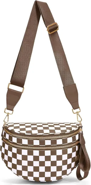 Nylon Crossbody Bag for Women,Checkered Bum Bag Checkered Black and White Handbags Wallets Oversized Slouchy Belt Bag