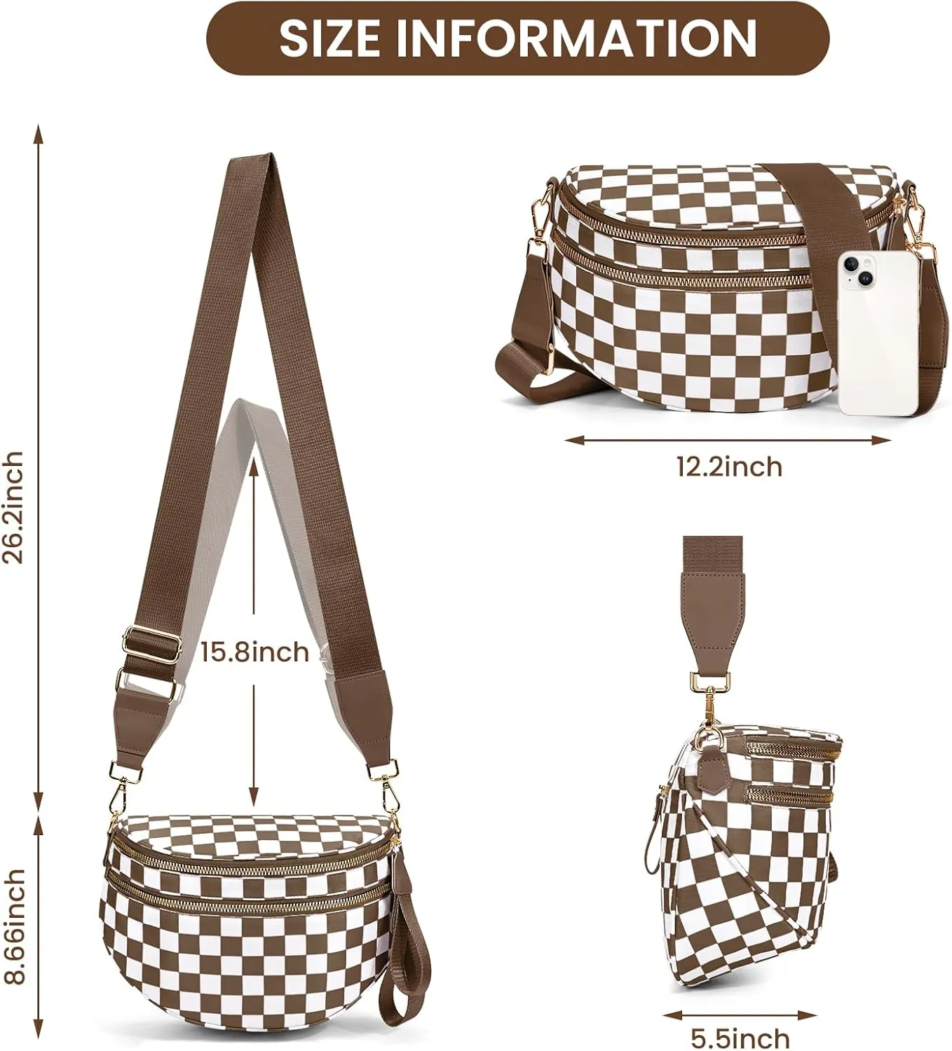 Nylon Crossbody Bag for Women,Checkered Bum Bag Checkered Black and White Handbags Wallets Oversized Slouchy Belt Bag