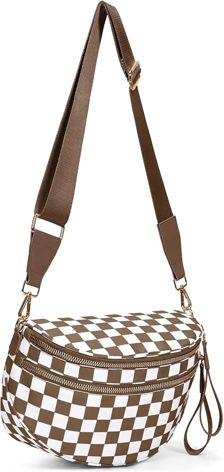 Nylon Crossbody Bag for Women,Checkered Bum Bag Checkered Black and White Handbags Wallets Oversized Slouchy Belt Bag