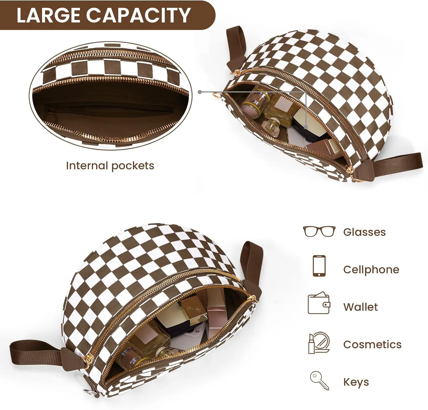 Nylon Crossbody Bag for Women,Checkered Bum Bag Checkered Black and White Handbags Wallets Oversized Slouchy Belt Bag