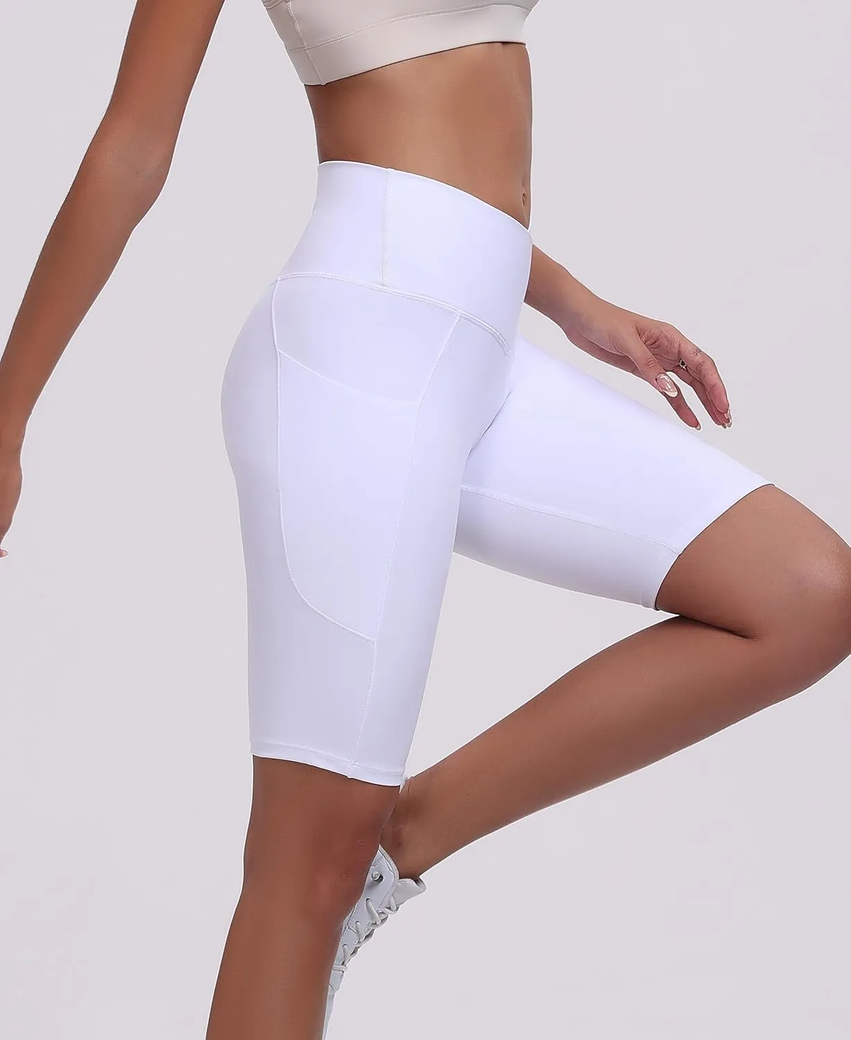 Oalka Women's Short Yoga Side Pockets High Waist Workout Running Shorts