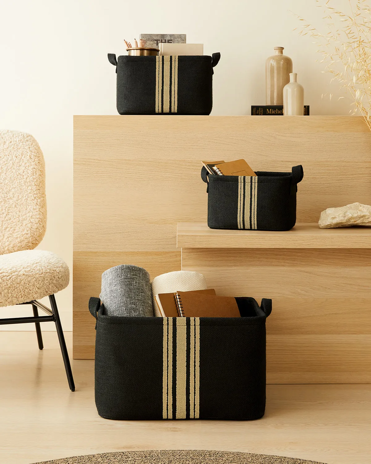 Ocean Home Textile Jute Basket, Set Of 3, Black