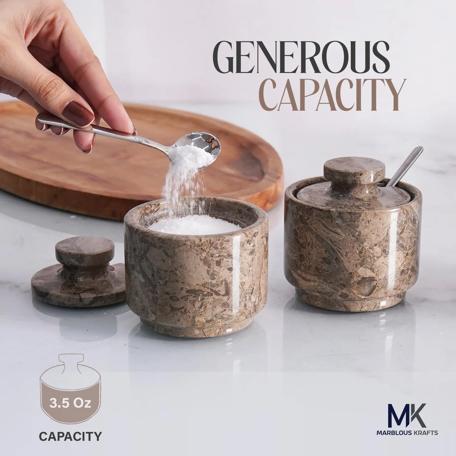 Oceanic Marble Salt Cellar with Lid and Spoon 3 Inch Salt and Sugar Bowl for Kitchen, Marble Pepper Salt Dish with Lid