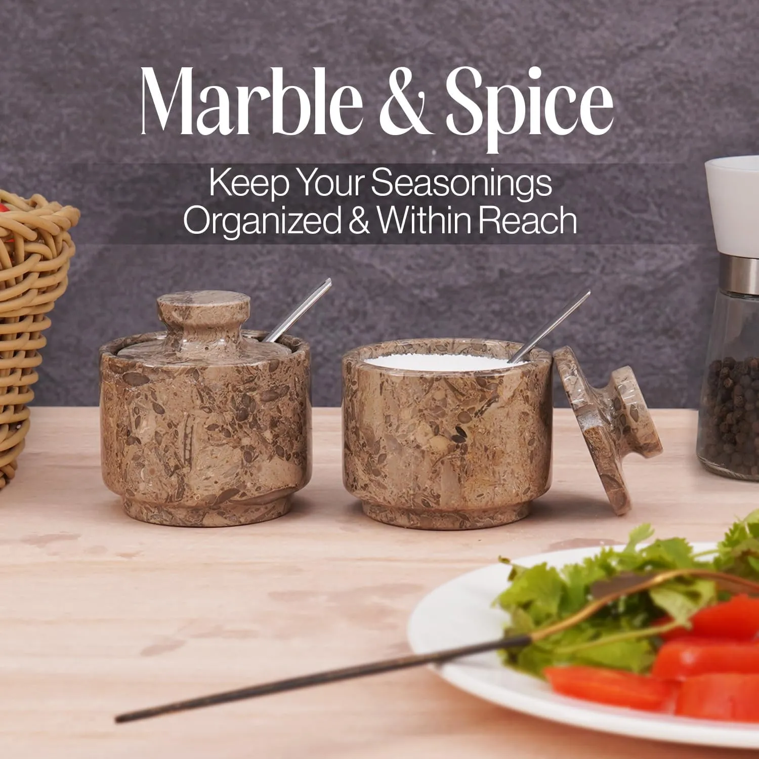 Oceanic Marble Salt Cellar with Lid and Spoon 3 Inch Salt and Sugar Bowl for Kitchen, Marble Pepper Salt Dish with Lid