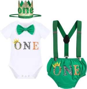 ODASDO Baby Boy Jungle Safari Theme 1st 2nd Birthday Cake Smash Outfit Romper T-shirt Shorts Suspenders Headband Set