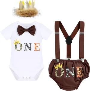 ODASDO Baby Boy Jungle Safari Theme 1st 2nd Birthday Cake Smash Outfit Romper T-shirt Shorts Suspenders Headband Set